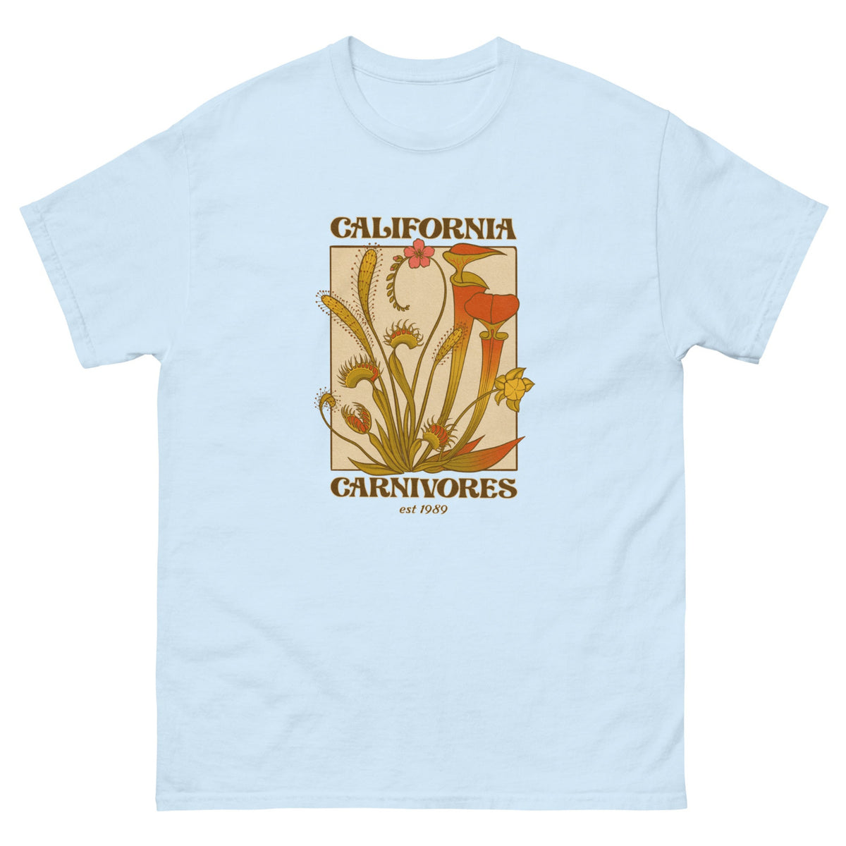 Light blue t-shirt with carnivorous plant graphic and 'California Carnivores' text on a white background