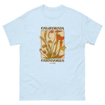 Light blue t-shirt with carnivorous plant graphic and 'California Carnivores' text on a white background