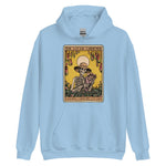 Light blue hoodie with a graphic design of a skeleton holding a plant on a white background