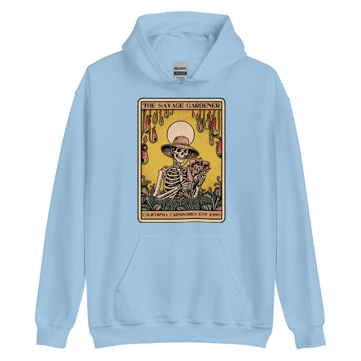 Light blue hoodie with a graphic design of a skeleton holding a plant on a white background