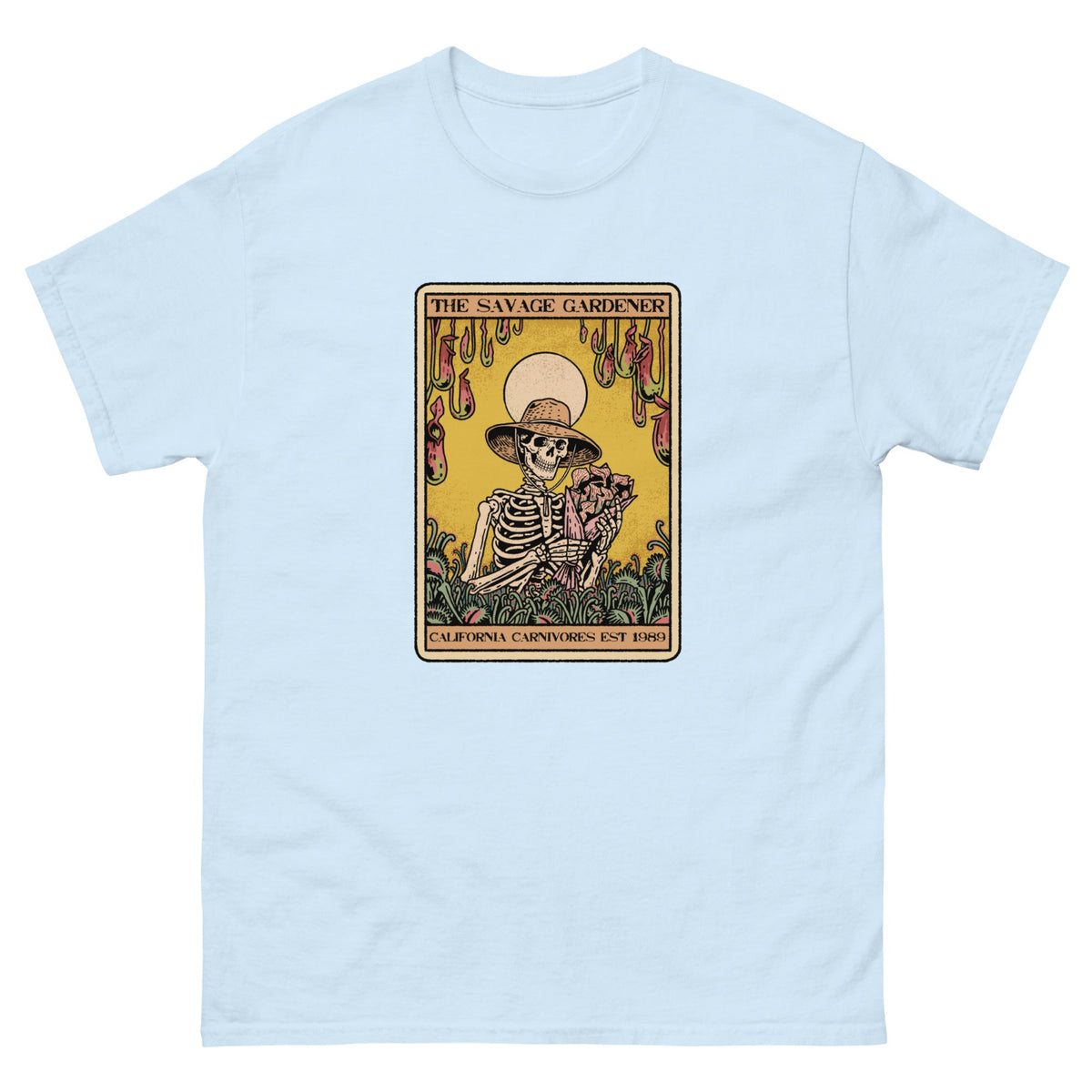Light blue t-shirt with a graphic of a skeleton gardener and text 'The Savage Gardener' on a white background.