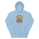 Light blue hoodie with a graphic design on a white background