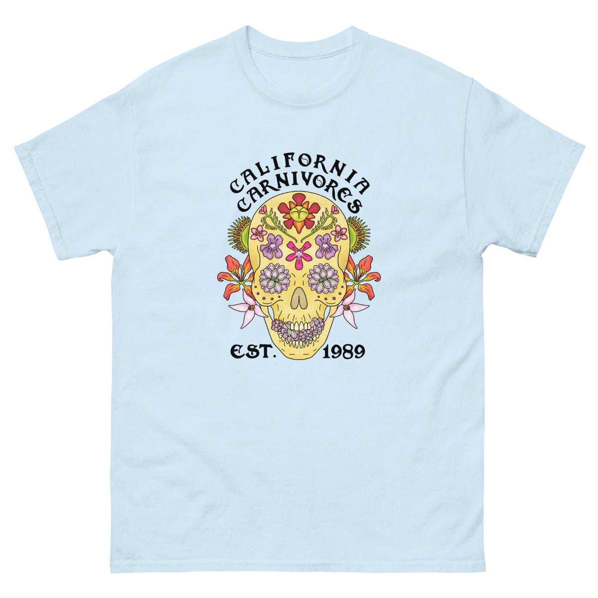 Light blue t-shirt with a colorful skull design and 'California Carnivores' text on a white background