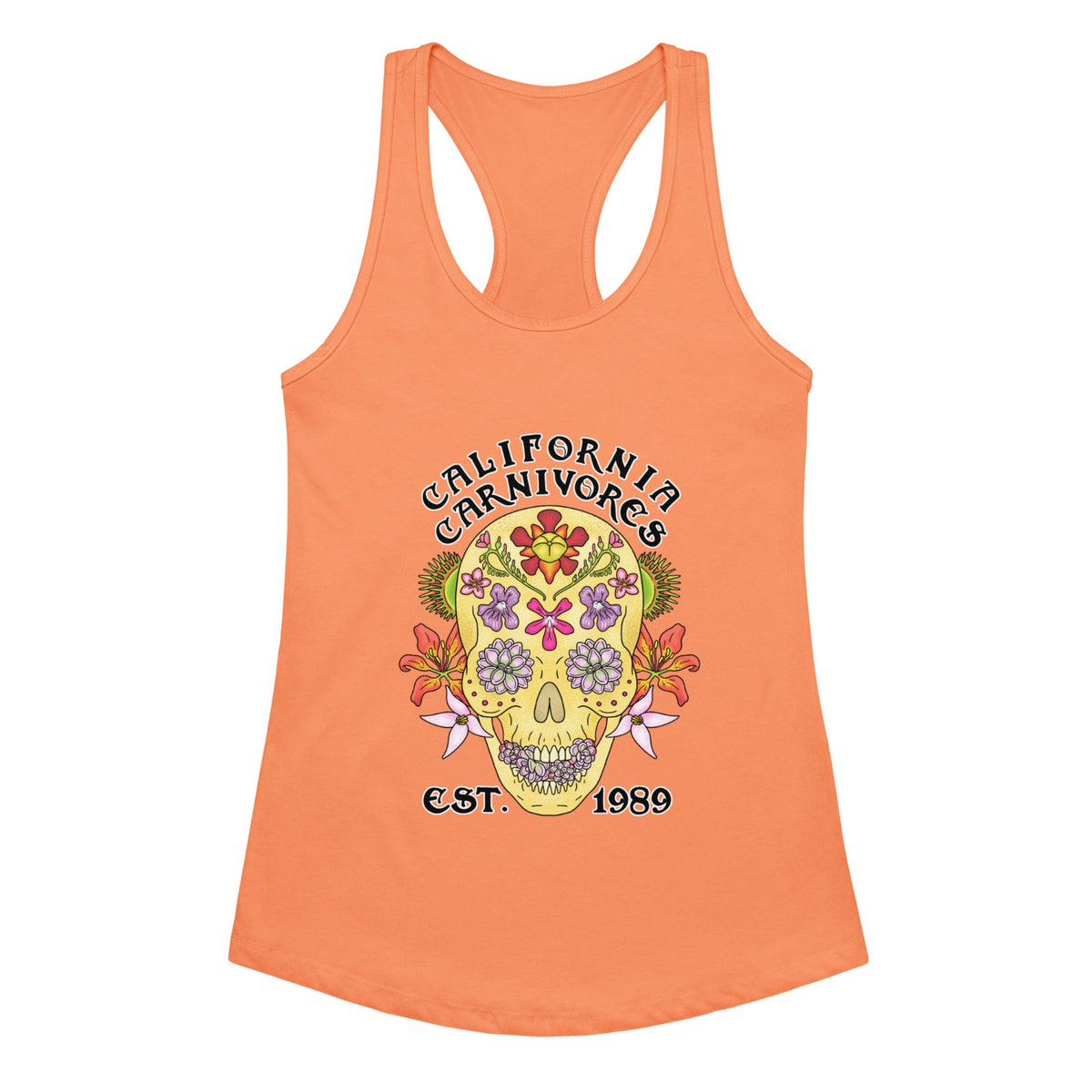 Orange tank top with a colorful skull design and 'California Carnivores' text on a white background