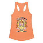Orange tank top with a colorful skull design and 'California Carnivores' text on a white background