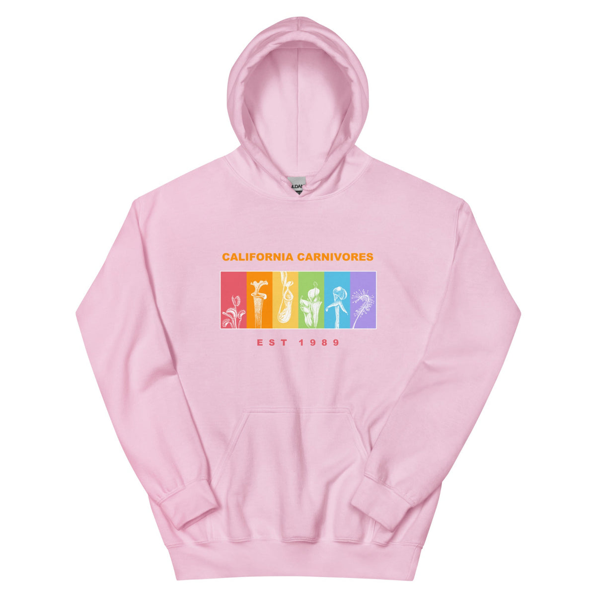 Pink hoodie with colorful graphic and text on a white background