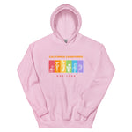 Pink hoodie with colorful graphic and text on a white background