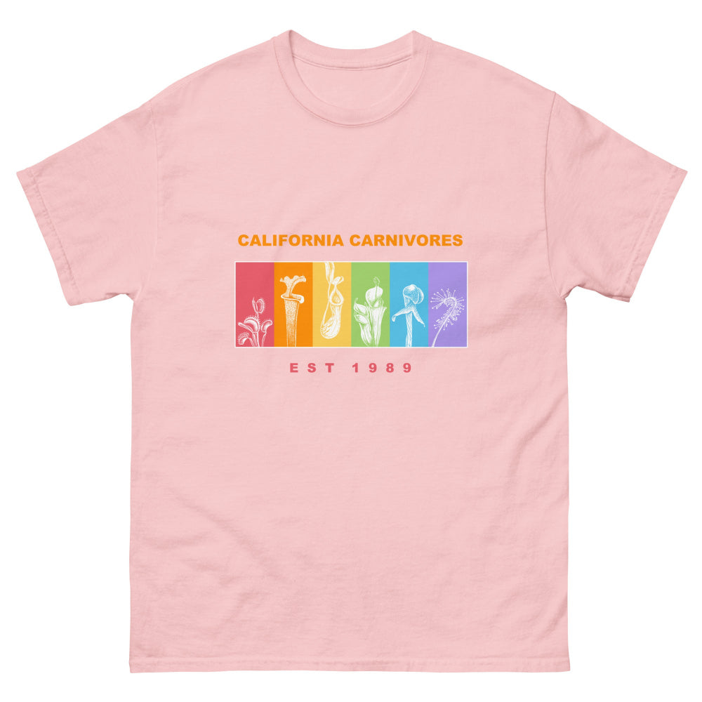 Pink t-shirt with colorful graphic and 'California Carnivores' text on a white background