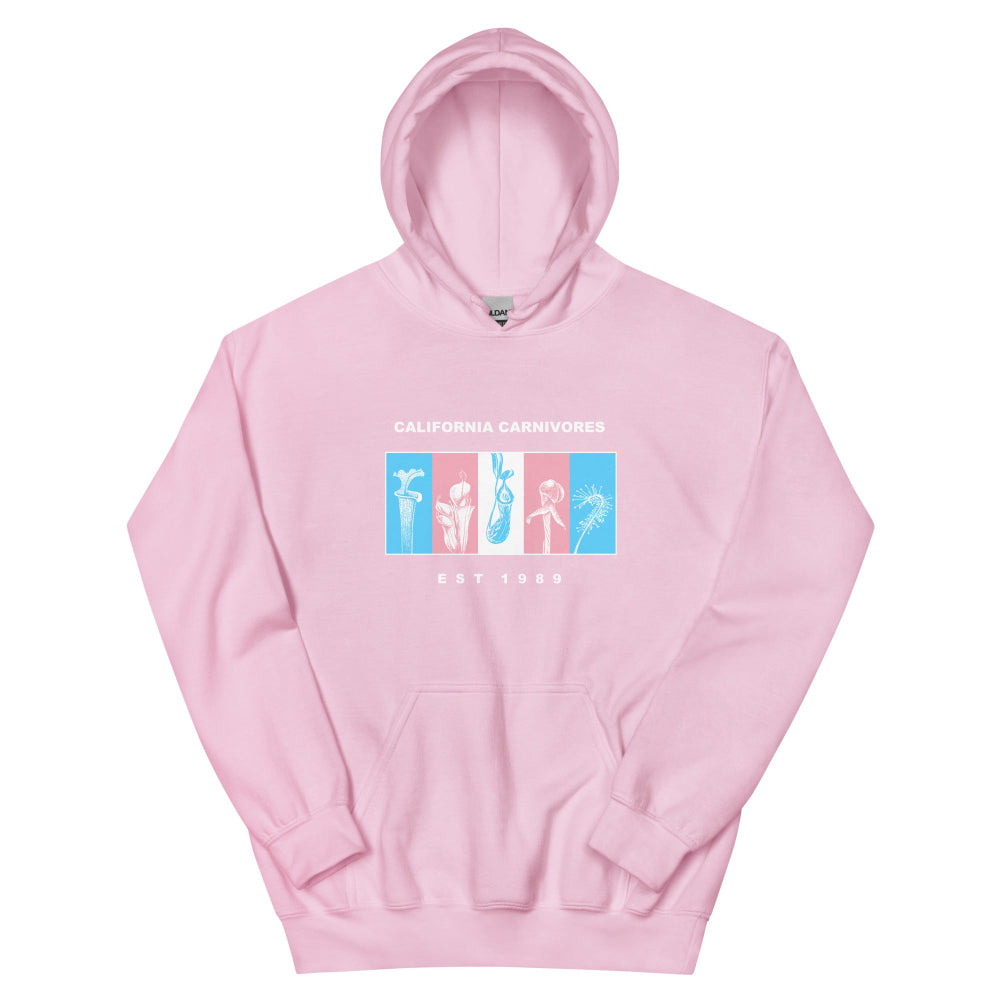 Pink hoodie with graphic design on a white background