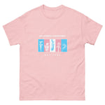 Pink t-shirt with graphic design and text on a white background
