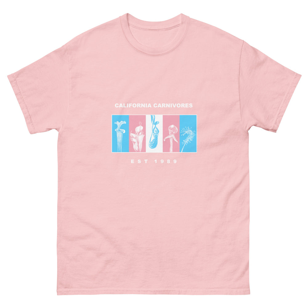 Pink t-shirt with graphic design and text on a white background