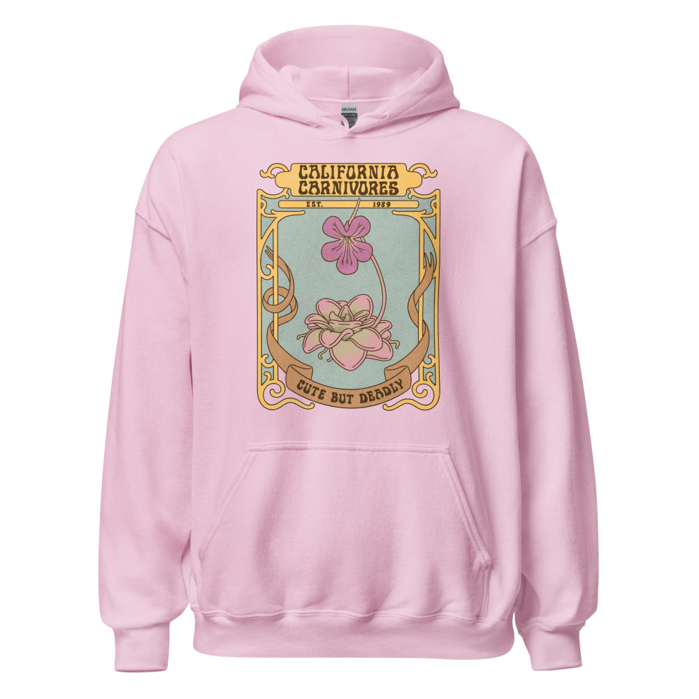 Pink hoodie with a graphic design on the chest against a white background