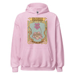 Pink hoodie with a graphic design on the chest against a white background