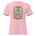 Pink t-shirt with a decorative graphic and text on a white background