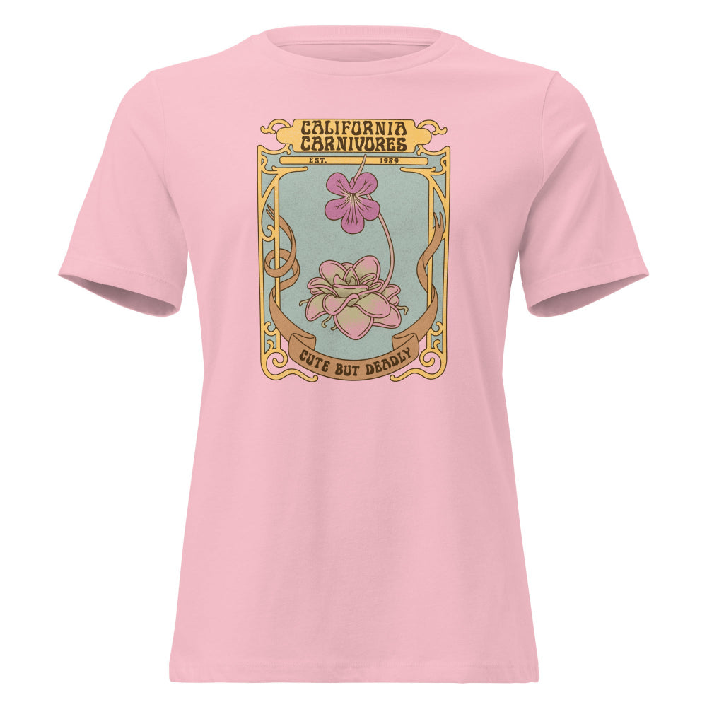 Pink t-shirt with a decorative graphic and text on a white background