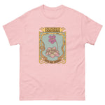Pink t-shirt with a graphic design featuring flowers and text on a white background