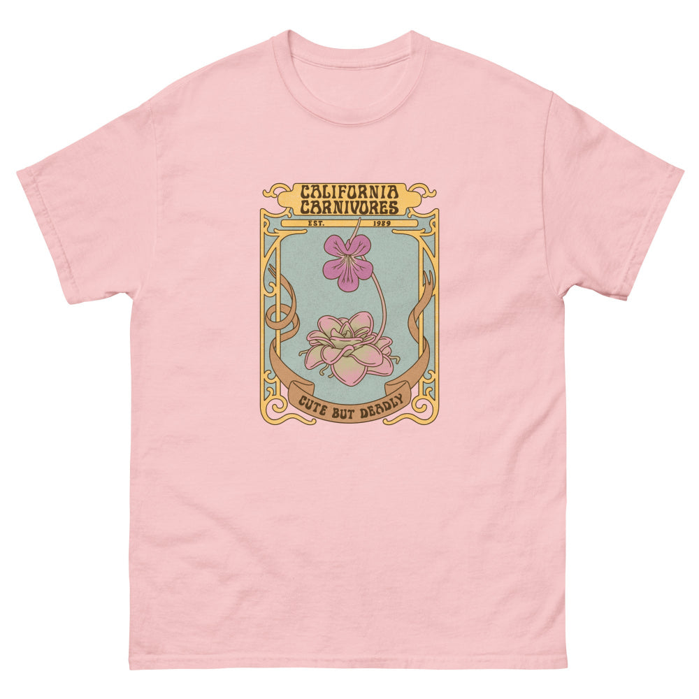 Pink t-shirt with a graphic design featuring flowers and text on a white background