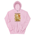 Pink hoodie with a graphic design on a white background