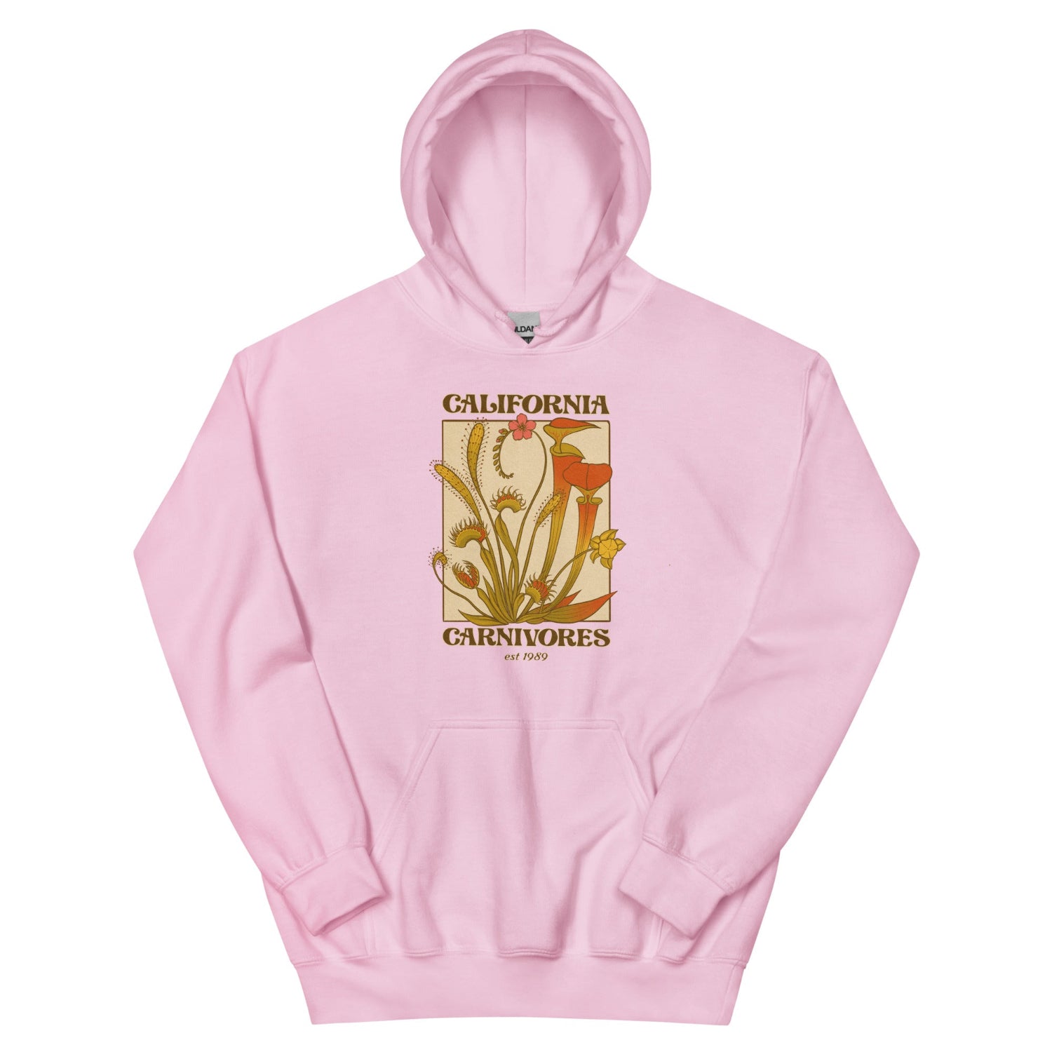 Pink hoodie with a graphic design on a white background