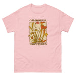 Pink t-shirt with carnivorous plant graphic and 'California Carnivores' text on a white background