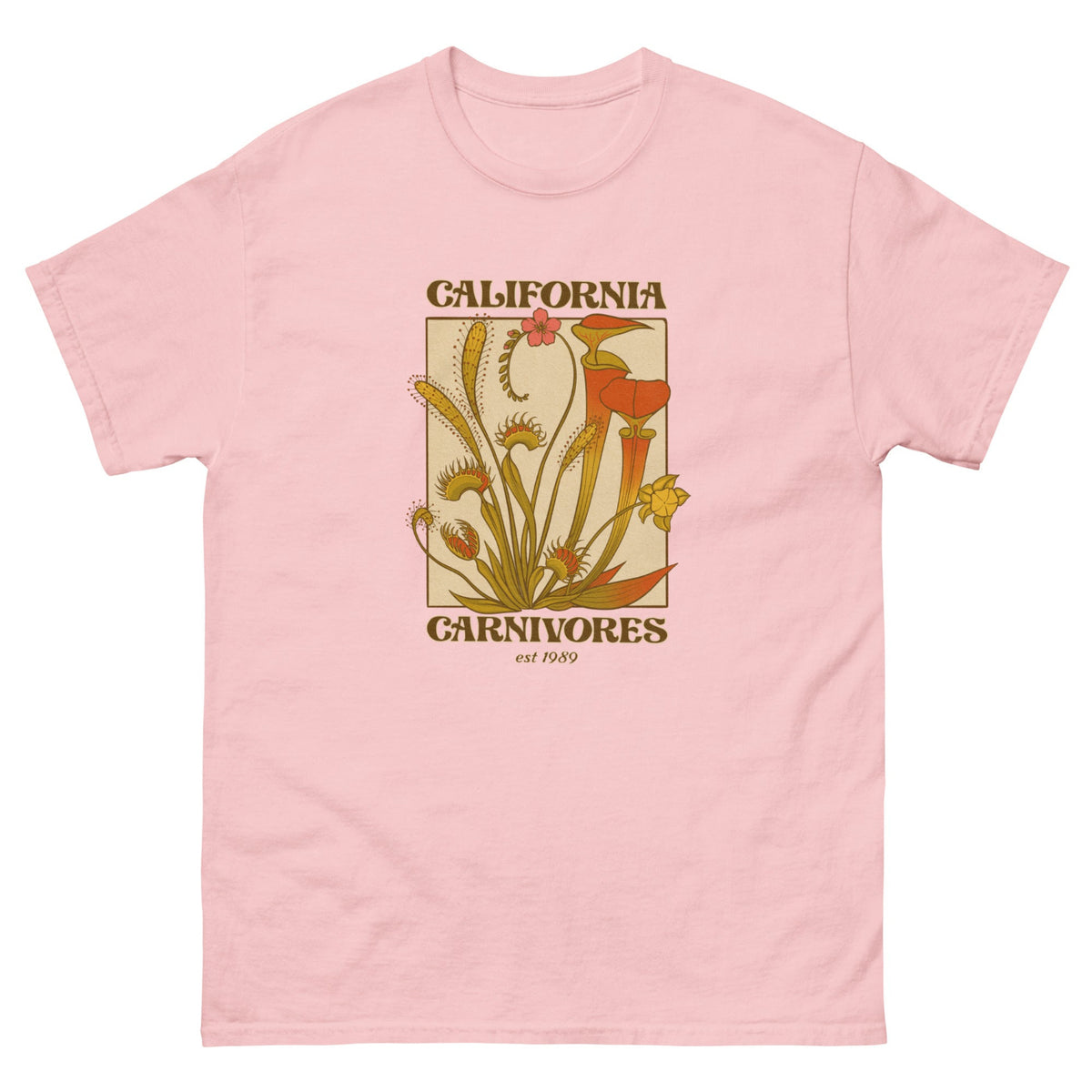 Pink t-shirt with carnivorous plant graphic and 'California Carnivores' text on a white background