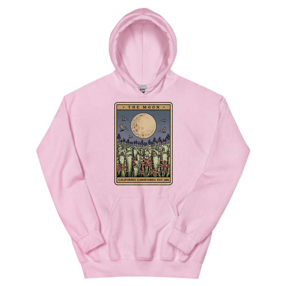 Pink hoodie with a graphic design on a white background