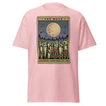 Pink t-shirt with 'The Moon' tarot card design on a white background