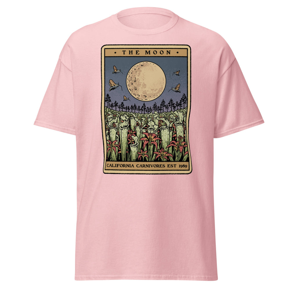 Pink t-shirt with 'The Moon' tarot card design on a white background
