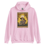Pink hoodie with a graphic design of a skeleton and text on a white background