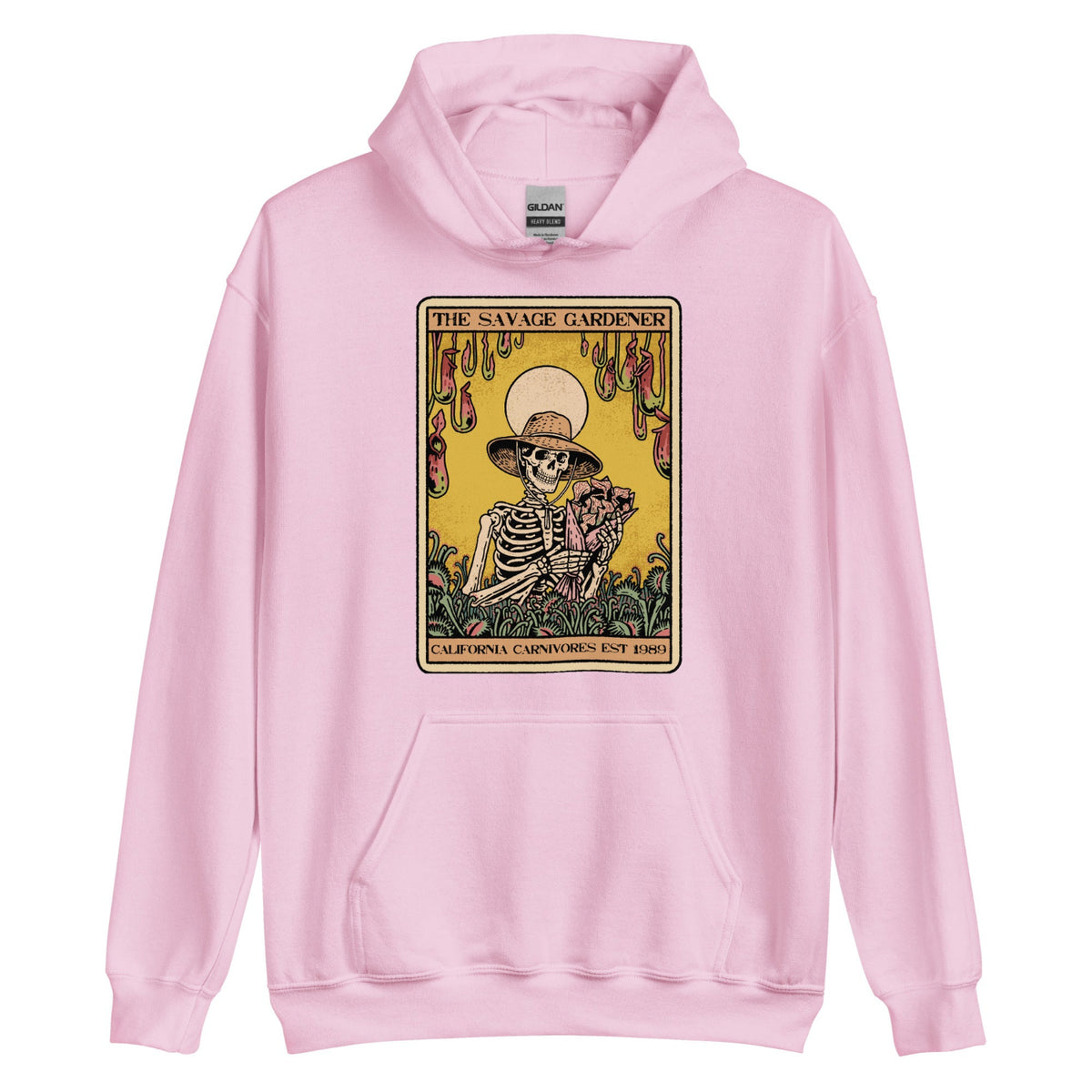 Pink hoodie with a graphic design of a skeleton and text on a white background