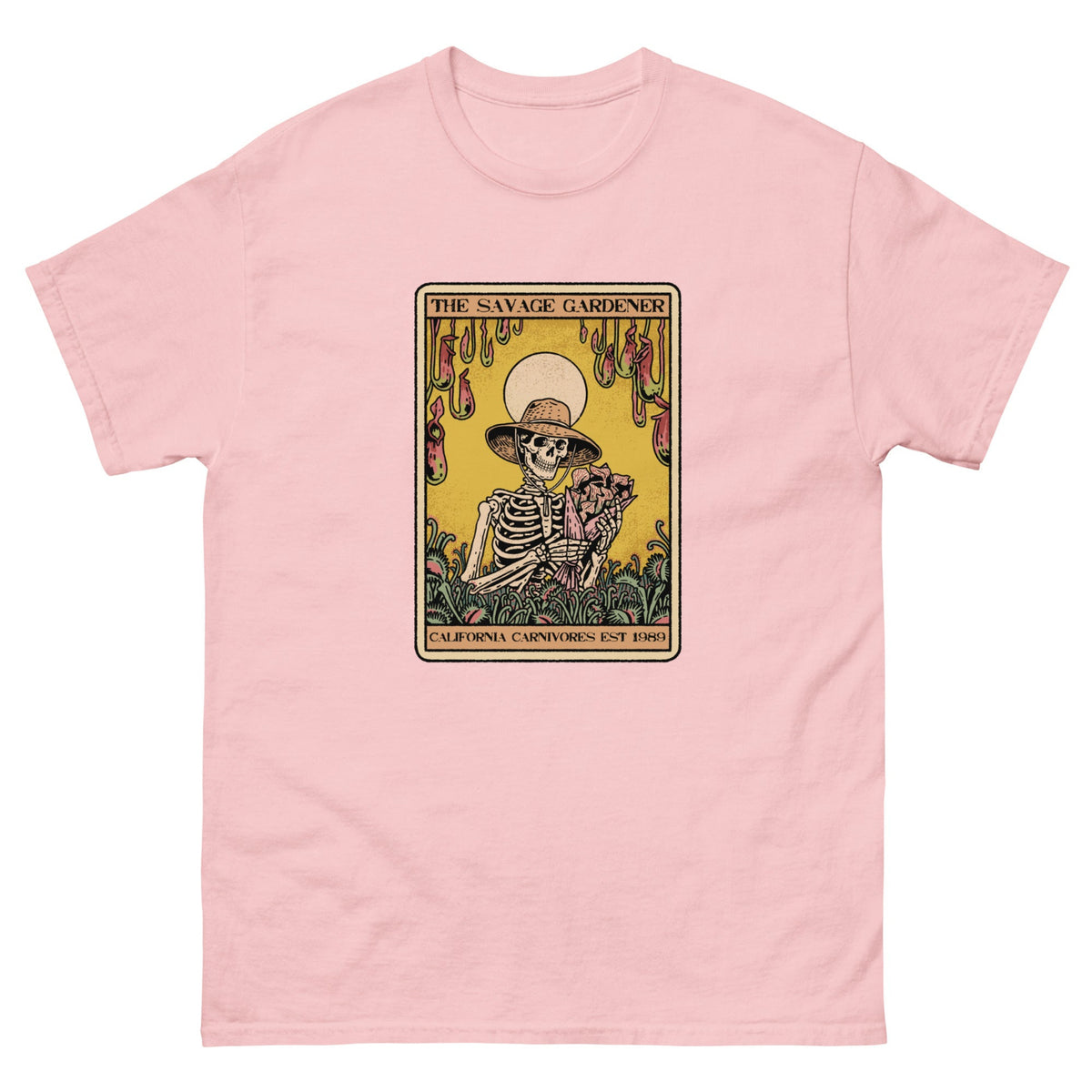 Pink t-shirt with a graphic of a skeleton gardener and text on a white background