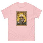 Pink t-shirt with a graphic of a skeleton gardener and text on a white background