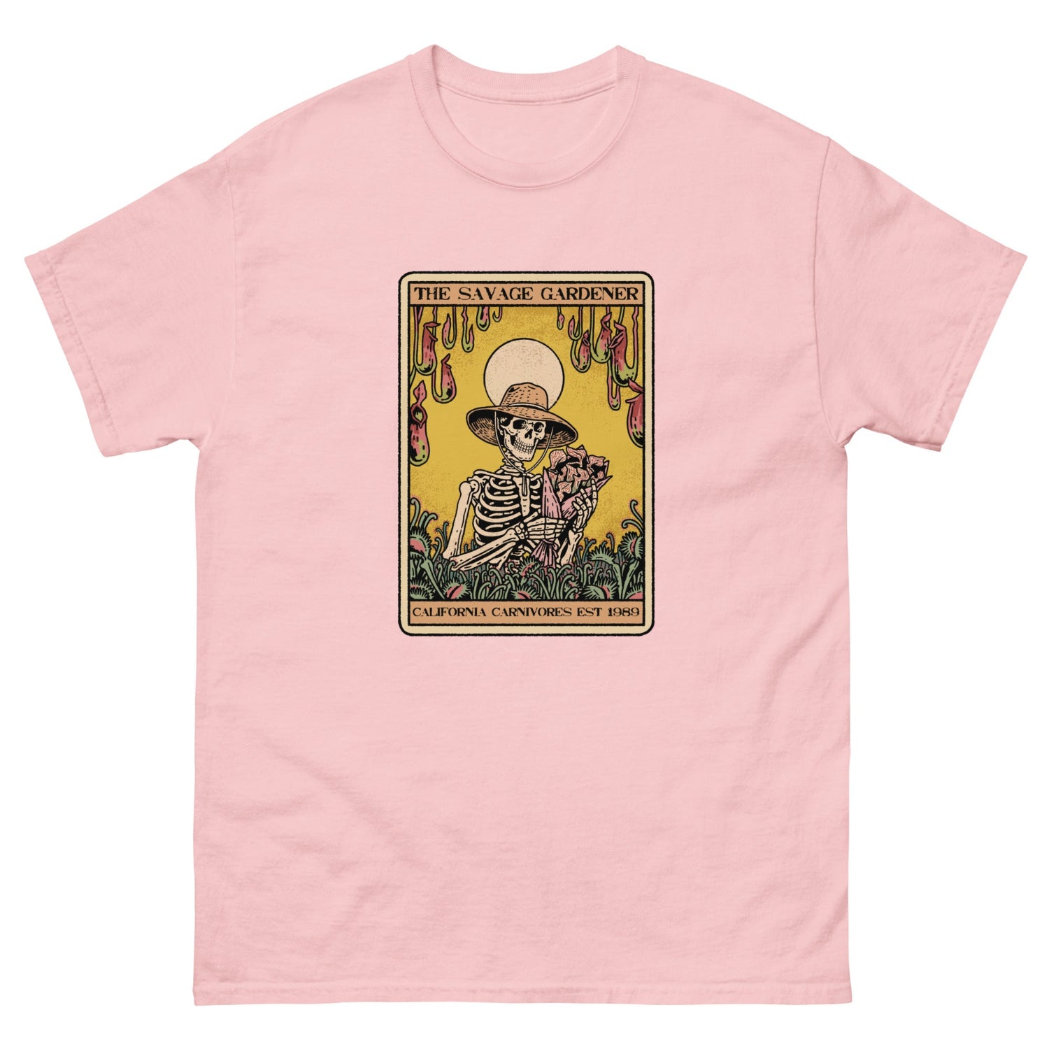 Pink t-shirt with a graphic of a skeleton gardener and text on a white background