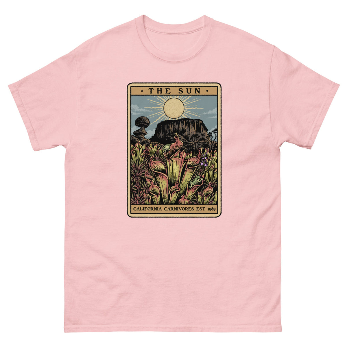 Light Pink t-shirt with a graphic design of Heliamphora as the Sun tarot card