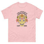 Pink t-shirt with a colorful skull design and 'California Carnivores' text on a white background