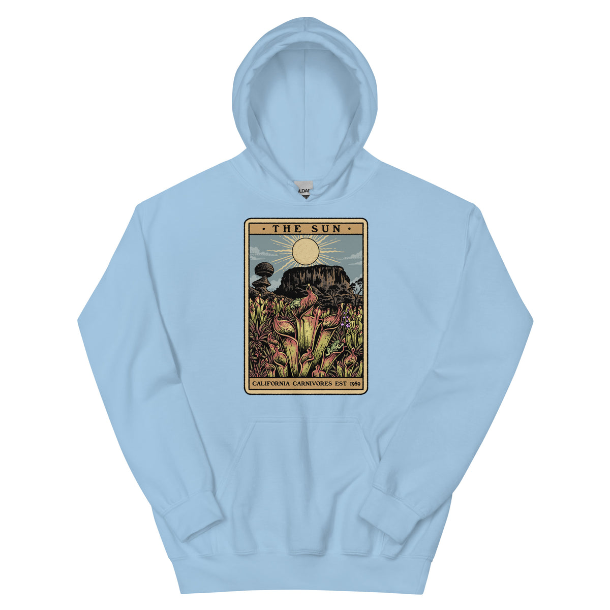 Light blue Unisex hoodie with a graphic design of Heliamphora as the Sun tarot card