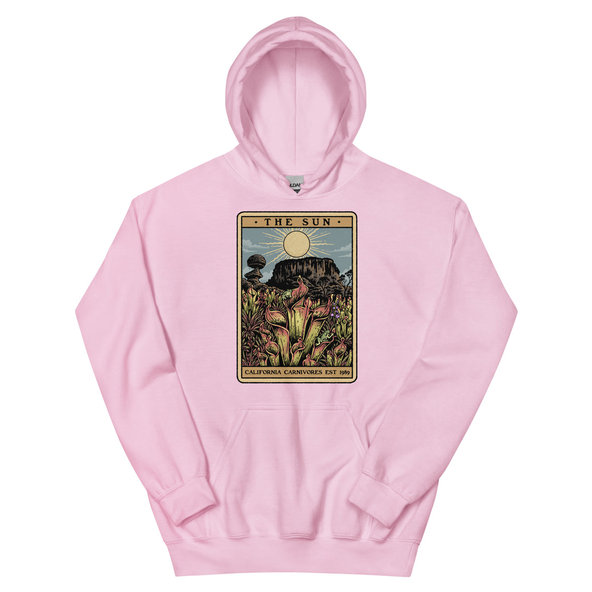 Light pink Unisex hoodie with a graphic design of Heliamphora as the Sun tarot card