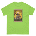 Green t-shirt with a graphic of a skeleton gardener and text on a white background