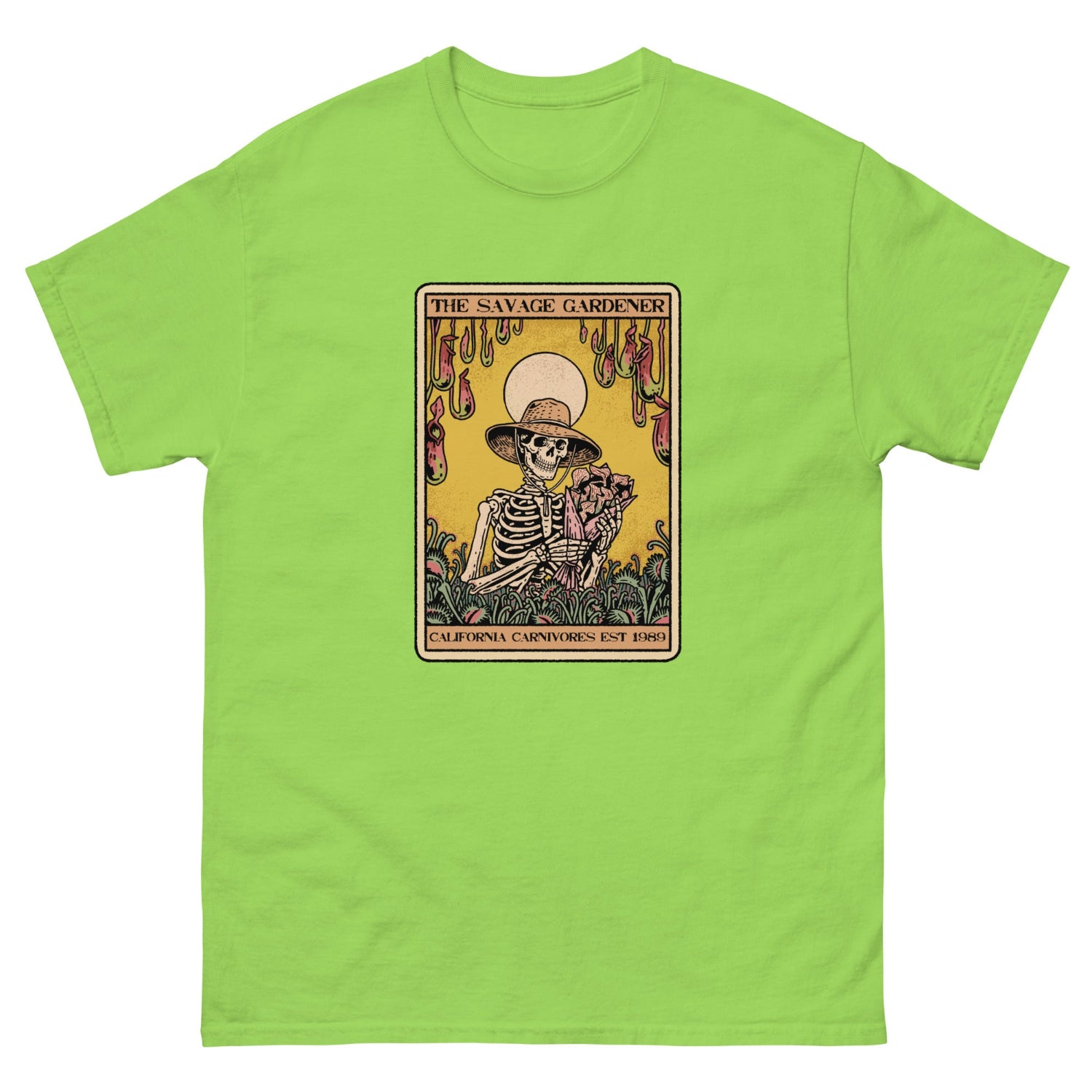 Green t-shirt with a graphic of a skeleton gardener and text on a white background