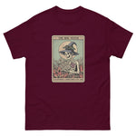 Maroon t-shirt with a graphic of a skeleton in a witch hat and broomstick, labeled 'The Bog Witch'.