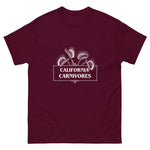 Maroon t-shirt with 'California Carnivores' graphic on a white background