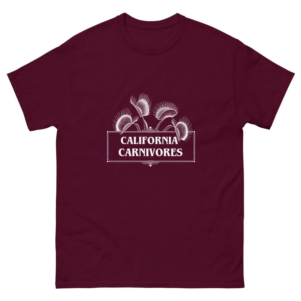 Maroon t-shirt with 'California Carnivores' graphic on a white background