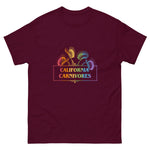 Maroon t-shirt with 'California Carnivores' graphic design on a white background