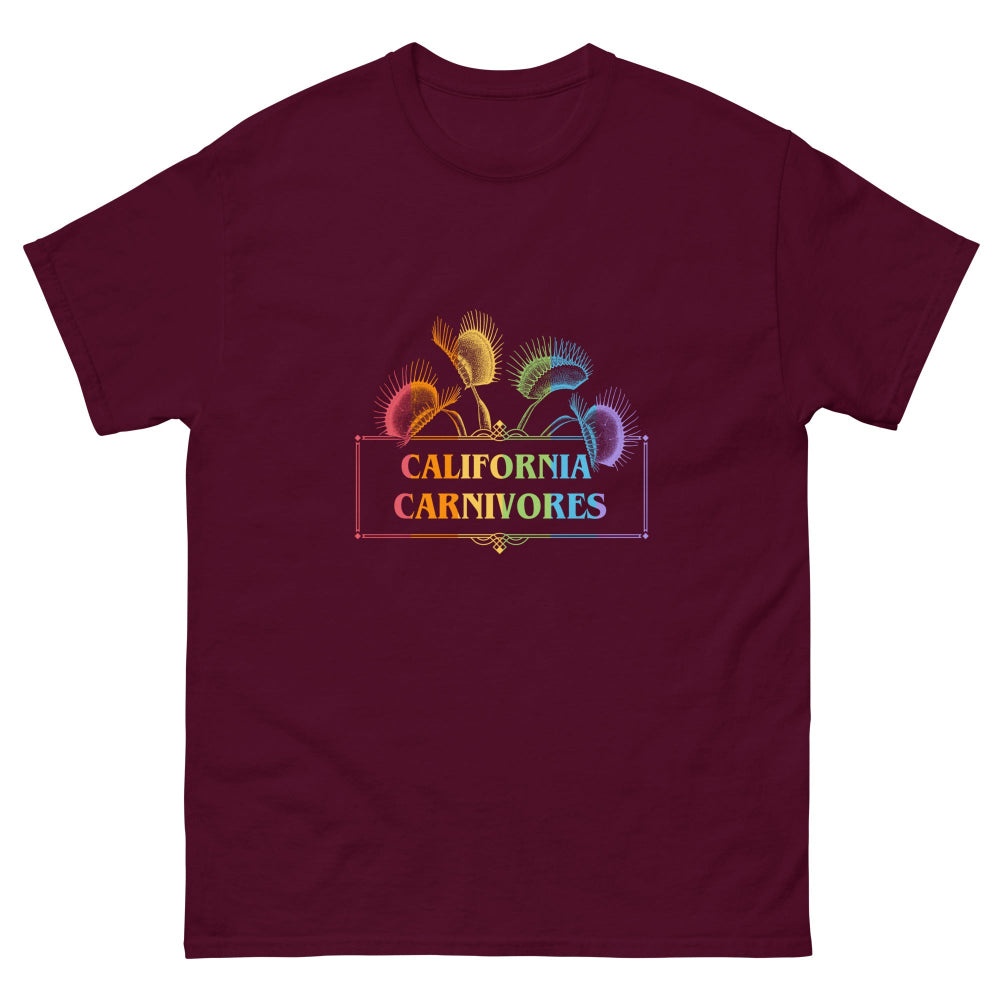 Maroon t-shirt with 'California Carnivores' graphic design on a white background