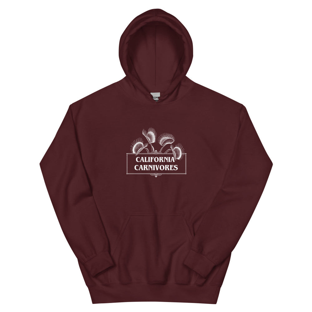 Maroon hoodie with text and California Carnivores logo on a white background