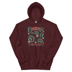 Maroon California Carnivores unisex hoodie with Wicked Hungry in coral, in the upper middle, surrounded by wood block print style flytraps in teal