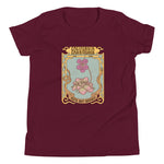 Maroon t-shirt with a decorative floral design and text on a white background