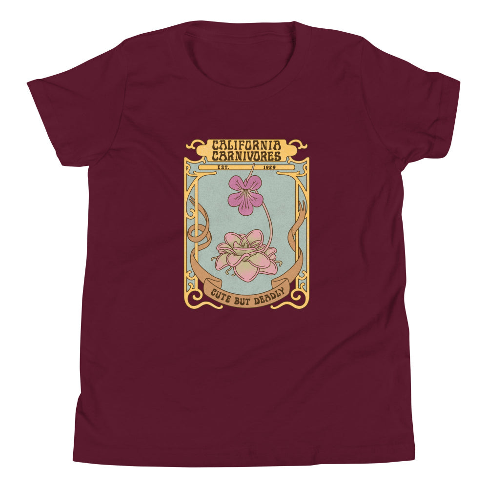 Maroon t-shirt with a decorative floral design and text on a white background