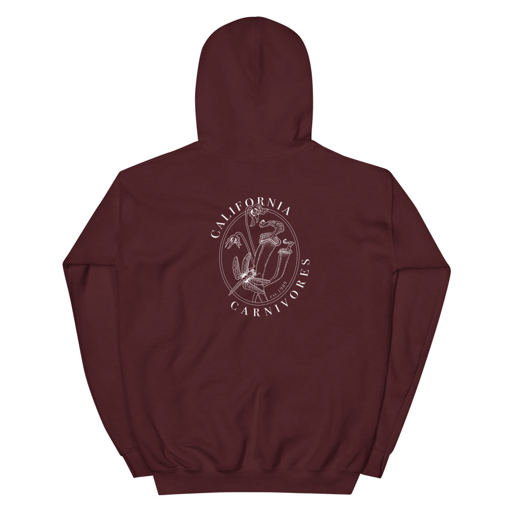 Maroon hoodie with 'California Carnivores' logo on the back against a white background