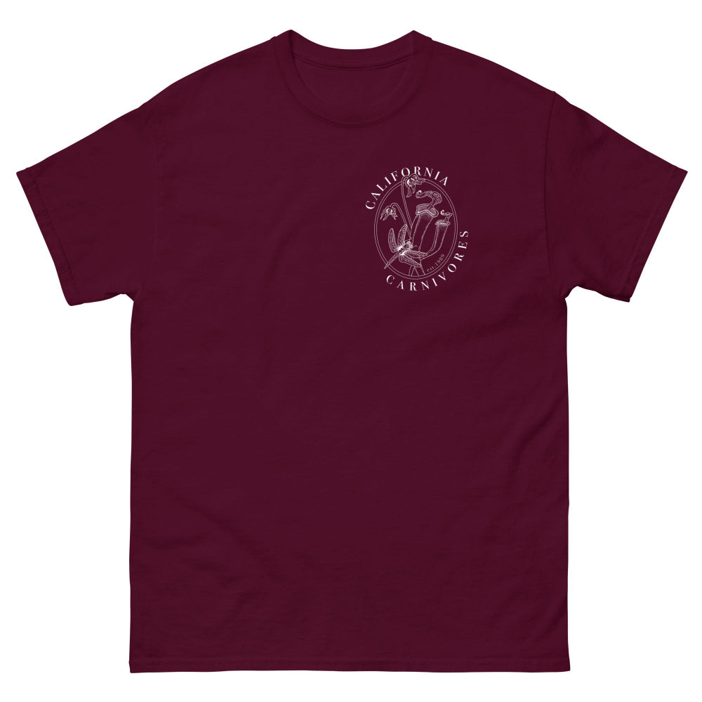 Maroon t-shirt with a logo on the chest against a white background